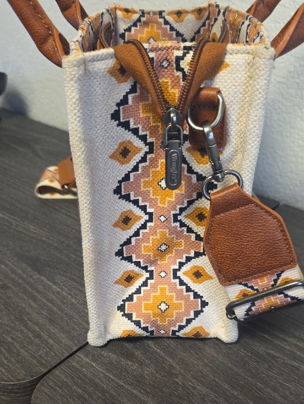 Wrangler Tan, Brown & Cream Geometric Mini Tote - Picture 4 of 5